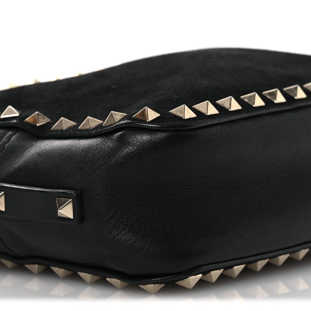 Calfskin Suede Rockstud Camera Crossbody Bag Black