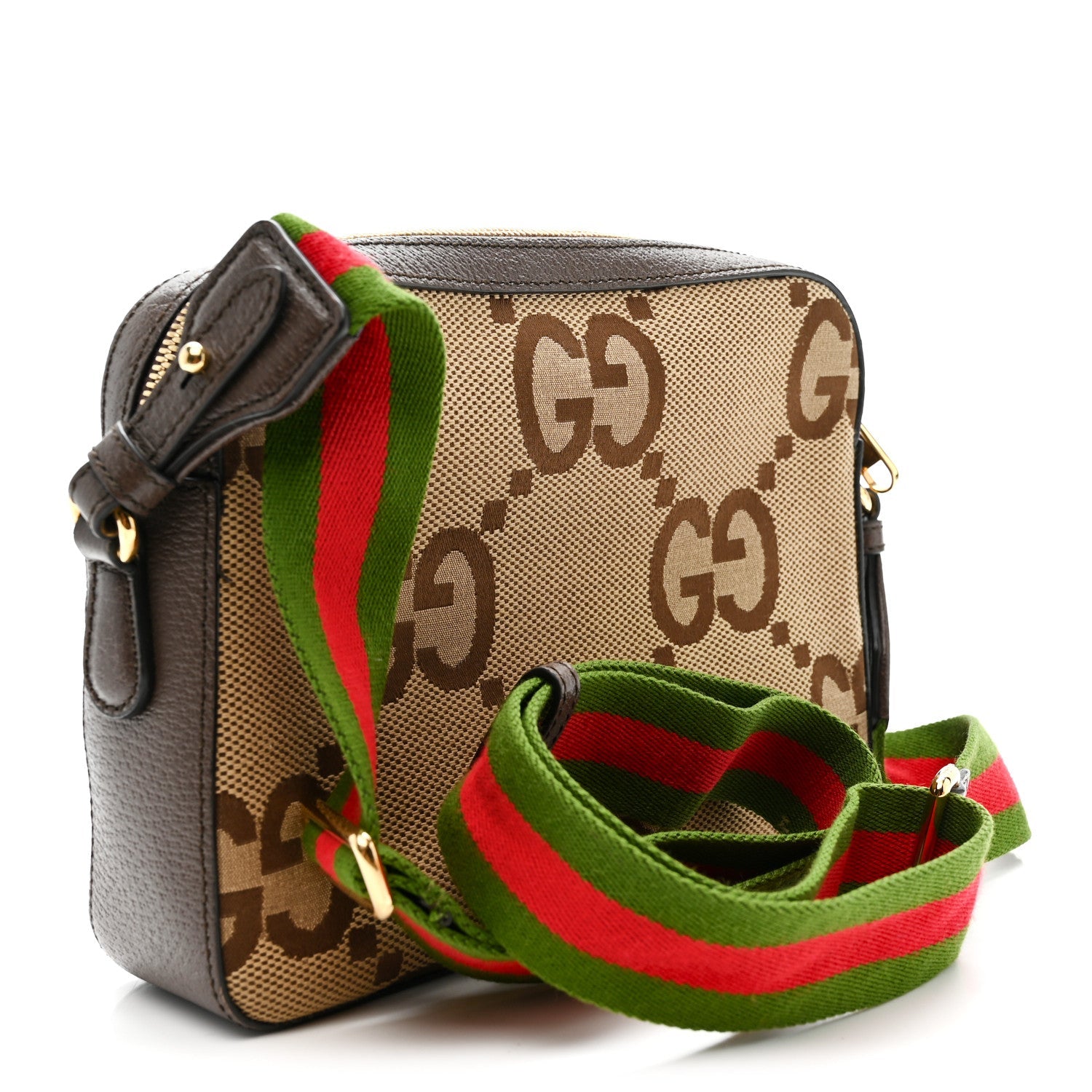 Monogram Jumbo GG Textured Dollar Calfskin Web Messenger Shoulder Bag Camel Ebony New Acero