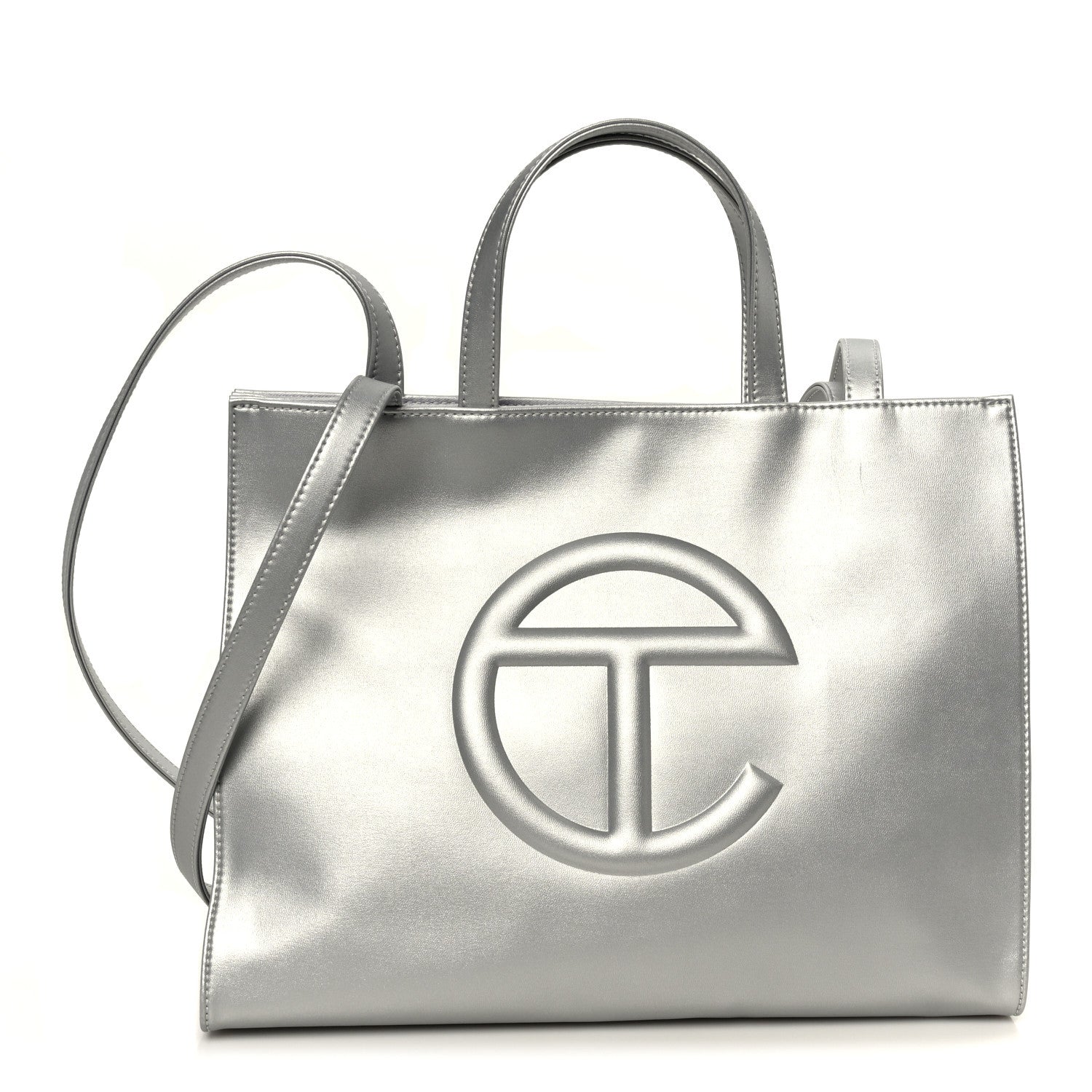 Metallic Vegan Leather Medium Shopping Bag Silver