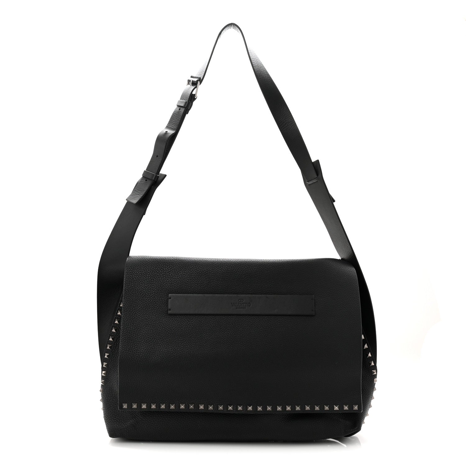Pebbled Calfskin Rockstud Messenger Black