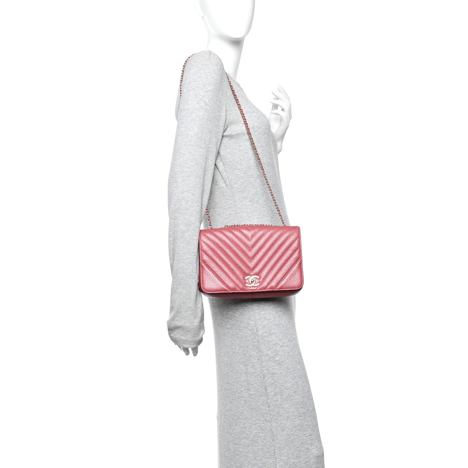 Metallic Calfskin Chevron Quilted Small Statement Flap Pink