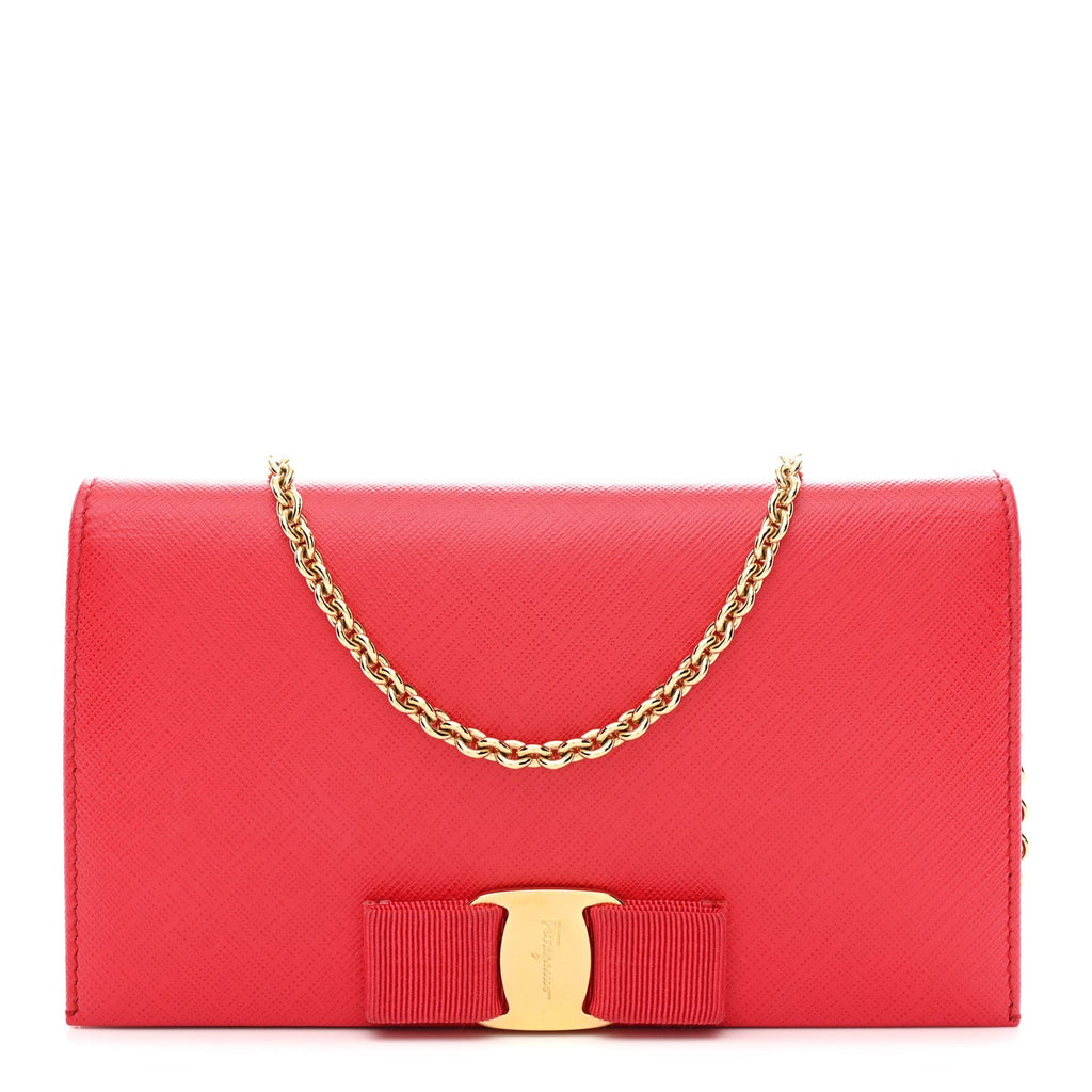 Printed Calfskin Vara Bow Chain Wallet Red