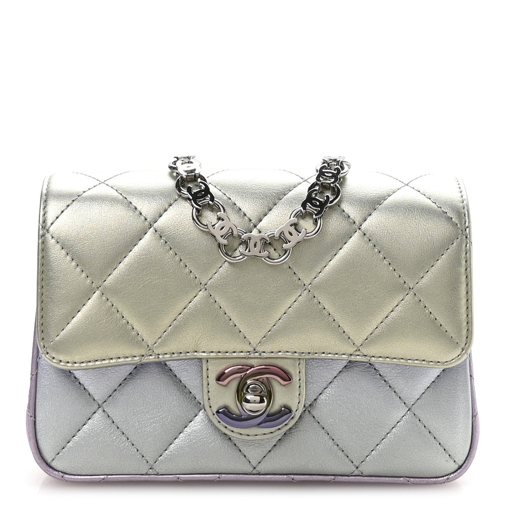 Gradient Metallic Calfskin Quilted Clutch Silver Blue Yellow Purple