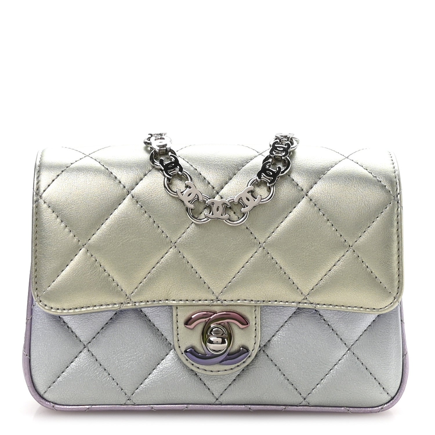 Gradient Metallic Calfskin Quilted Clutch Silver Blue Yellow Purple