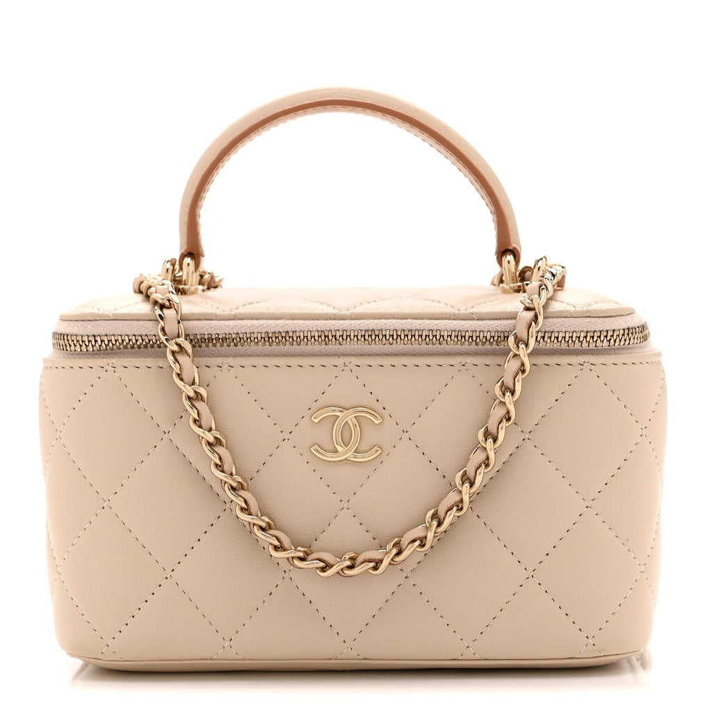 Lambskin Quilted Small Top Handle Vanity Case With Chain Beige