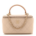 Lambskin Quilted Small Top Handle Vanity Case With Chain Beige