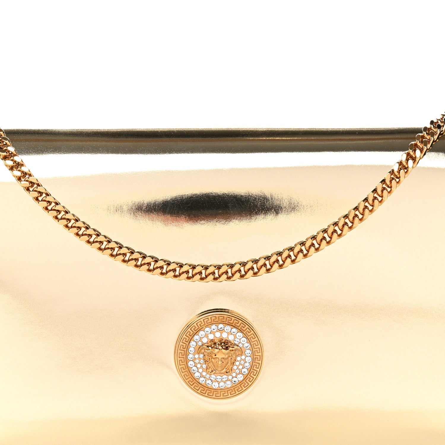 Patent Metallic Crystal Medusa Clutch On Chain Gold