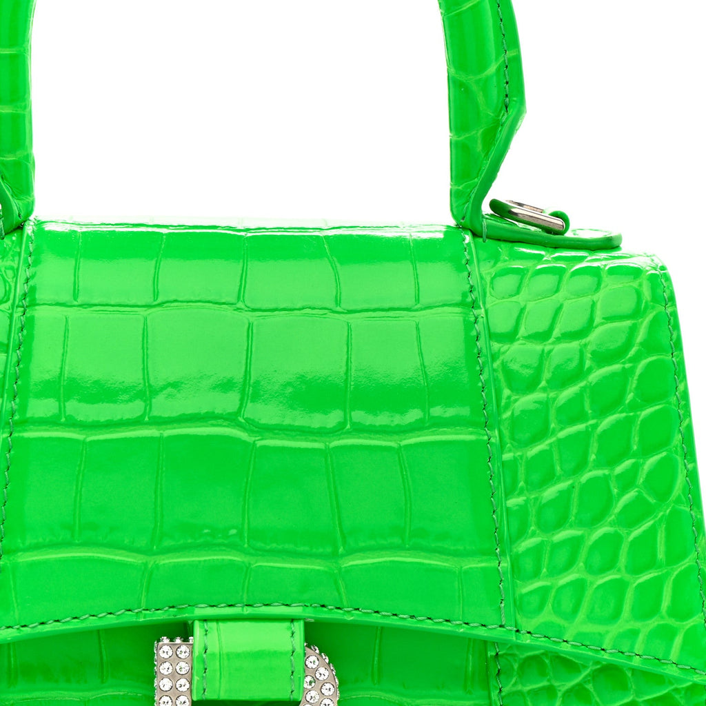 Shiny Calfskin Strass Crocodile Embossed Hourglass Top Handle Bag XS Fluo Green