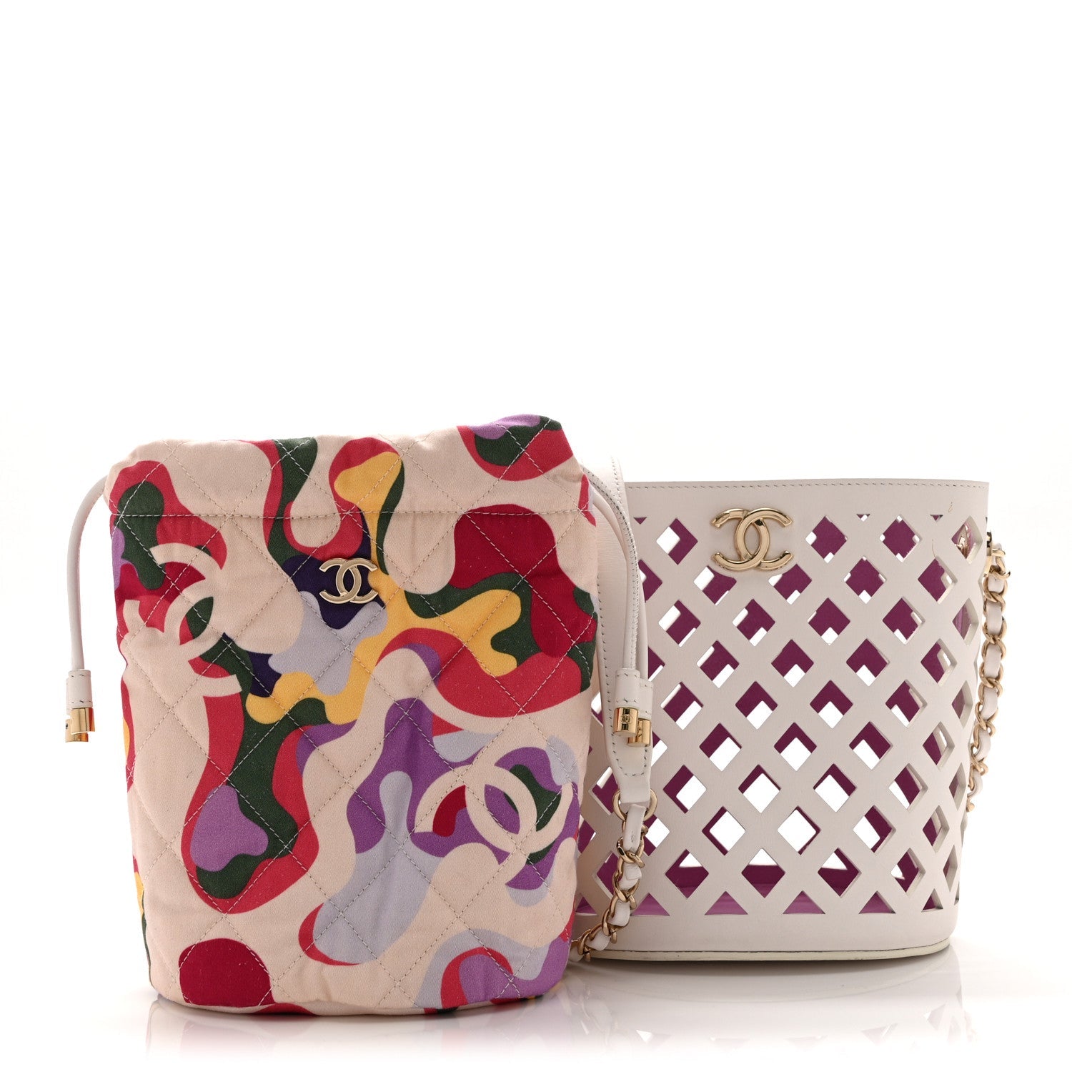 Lambskin Sea Through Bucket Drawstring Bag White Multicolor