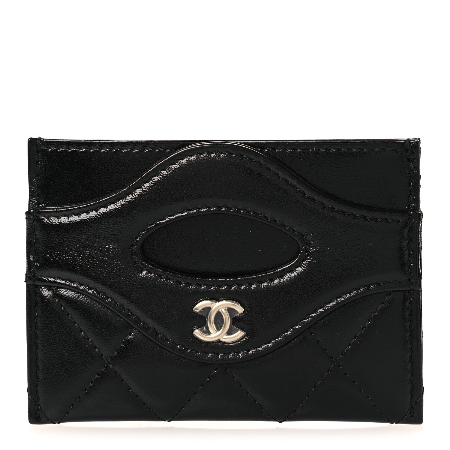 Shiny Crumpled Calfskin Quilted 31  Holder Black