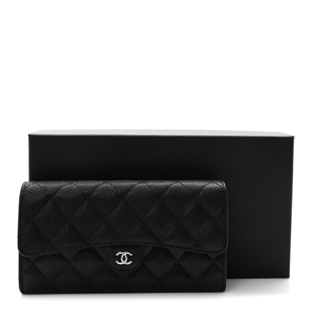 Caviar Quilted Large Gusset Flap Wallet Black