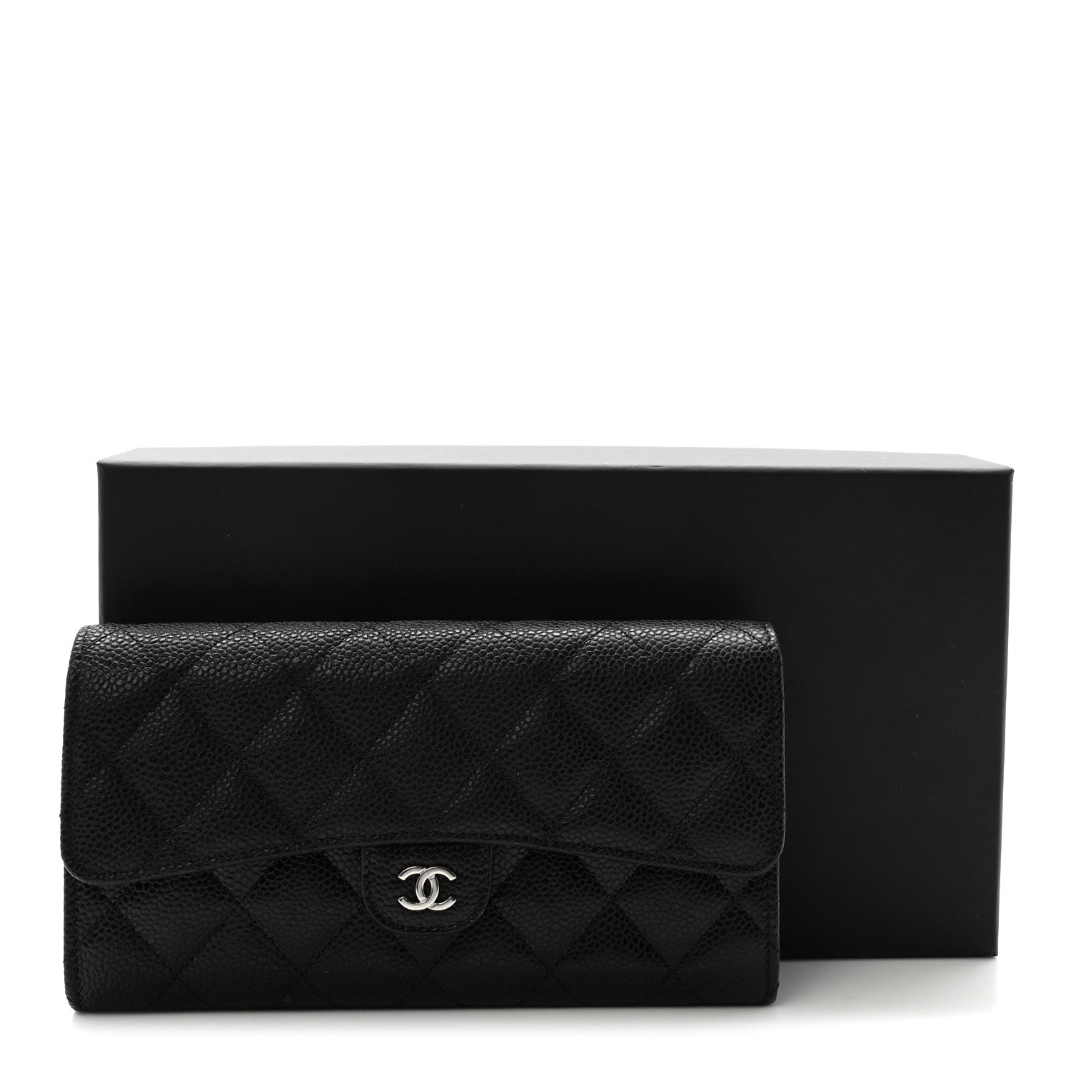 Caviar Quilted Large Gusset Flap Wallet Black