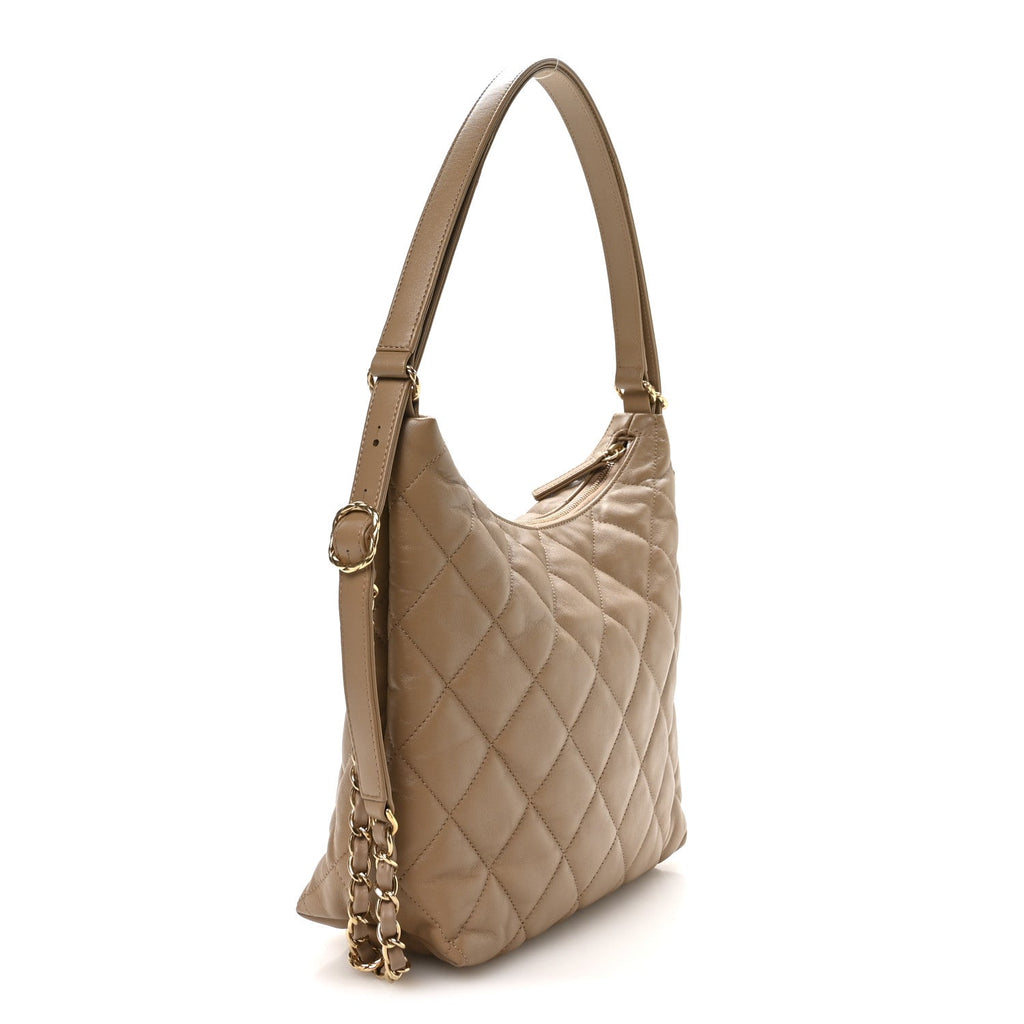 Lambskin Quilted Hobo Beige