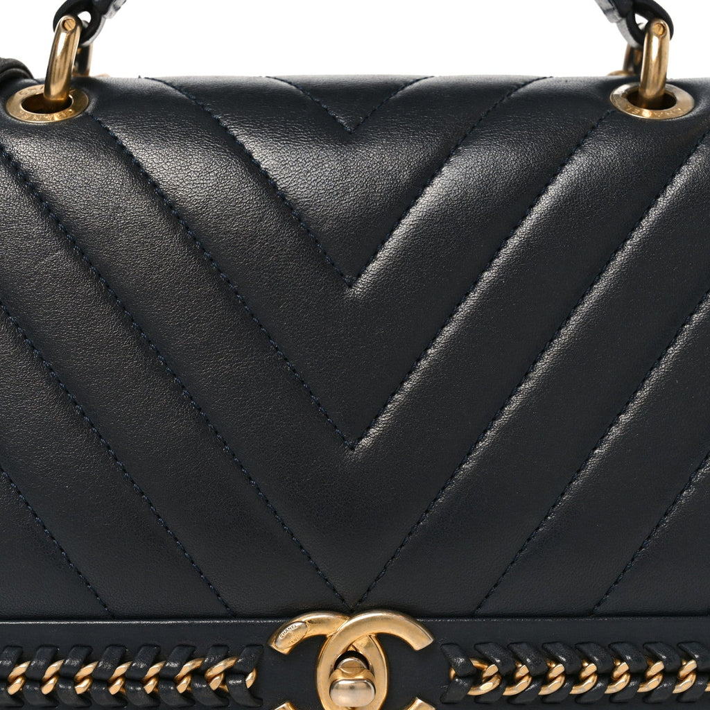 Sheepskin Chevron Stitched Chain Top Handle Flap Blue