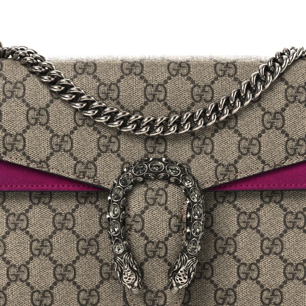 GG Supreme Monogram Suede Crystal Small Dionysus Shoulder Bag Beige Ebony Bright Purple