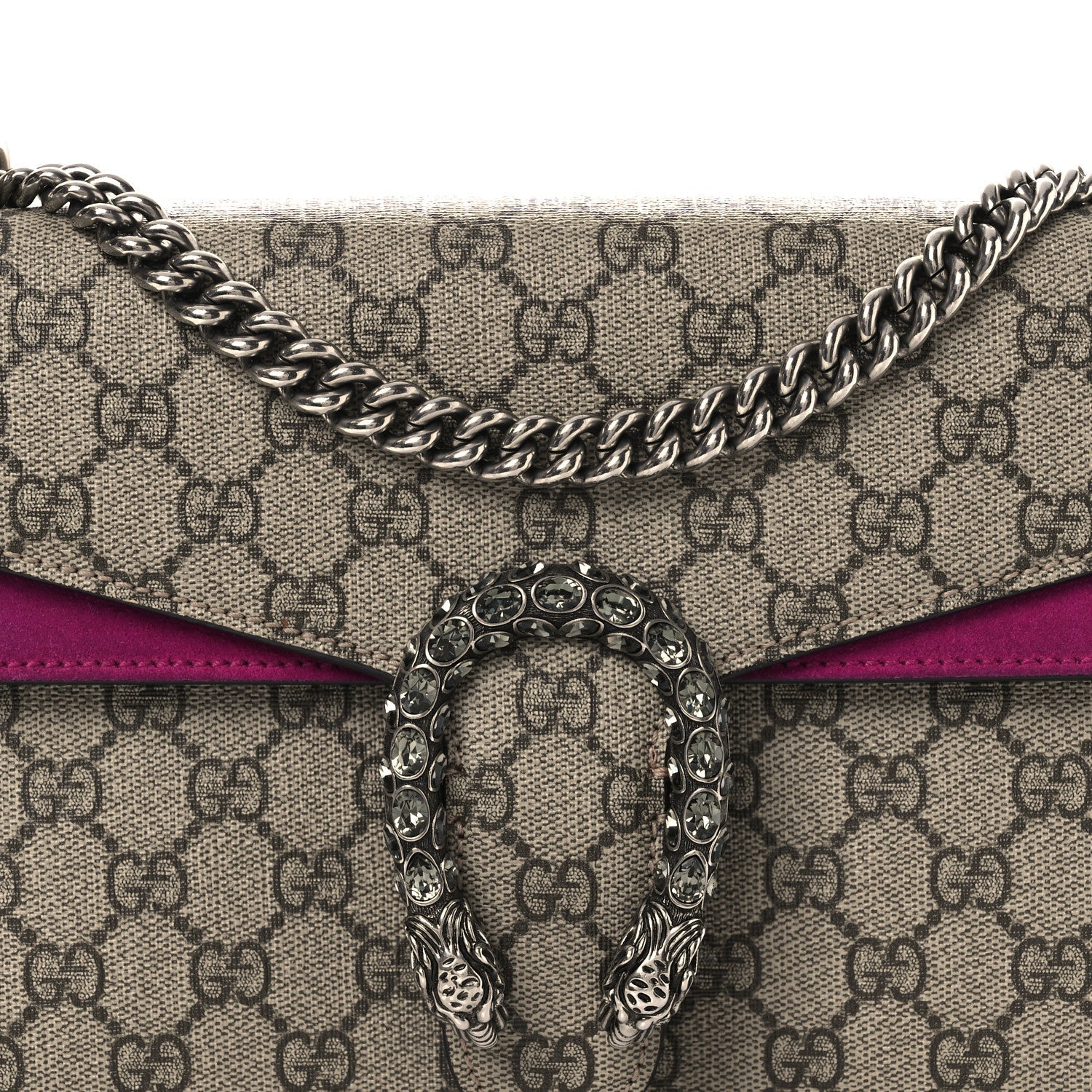 GG Supreme Monogram Suede Crystal Small Dionysus Shoulder Bag Beige Ebony Bright Purple