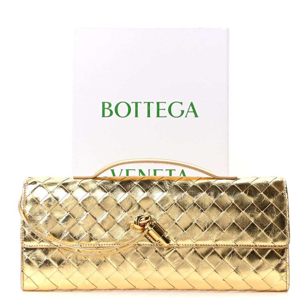Metallic Lambskin Intrecciato Long Andiamo Top Handle Clutch Gold