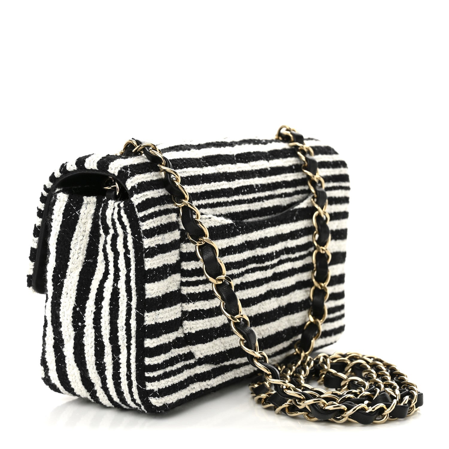 Striped Tweed Sequin Quilted Camellia Embellished Mini Rectangular Flap Ecru Black