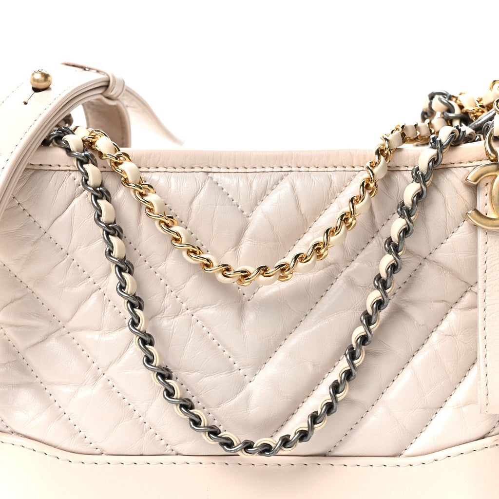 Aged Calfskin Chevron Quilted Small Gabrielle Hobo Beige