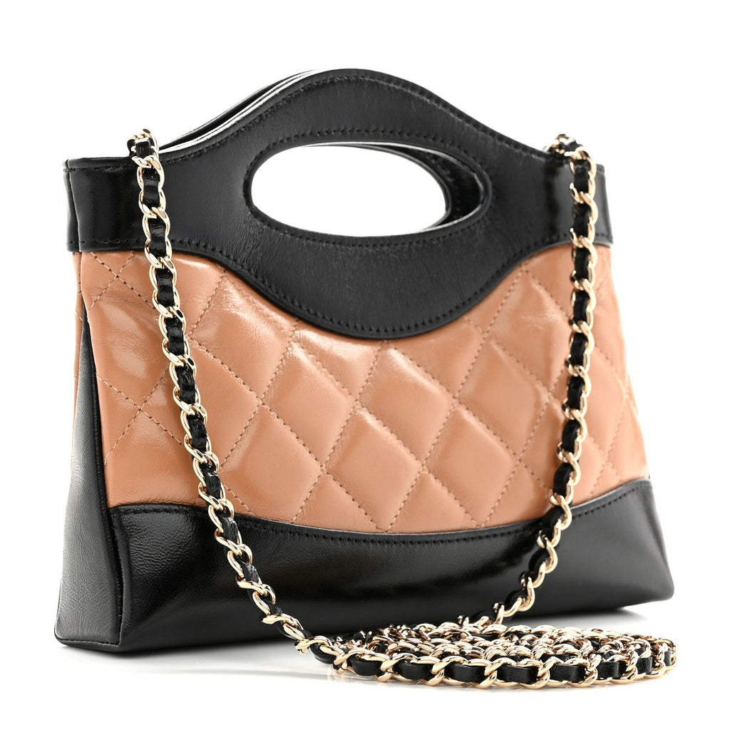 Shiny Crumpled Calfskin Quilted Nano 31 Shopping Bag Dark Beige Black