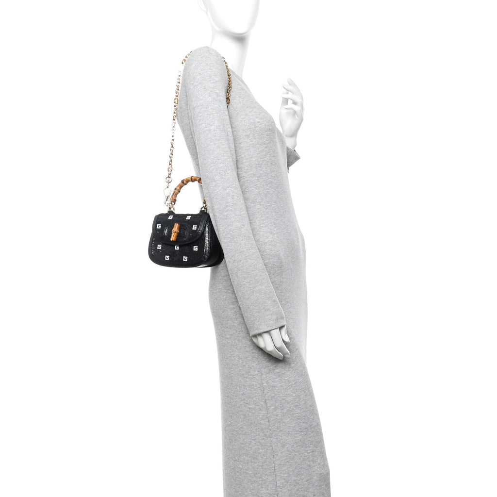 Sequin Lizard Embossed GG Mini Bamboo 1947 Top Handle Chain Bag Black White