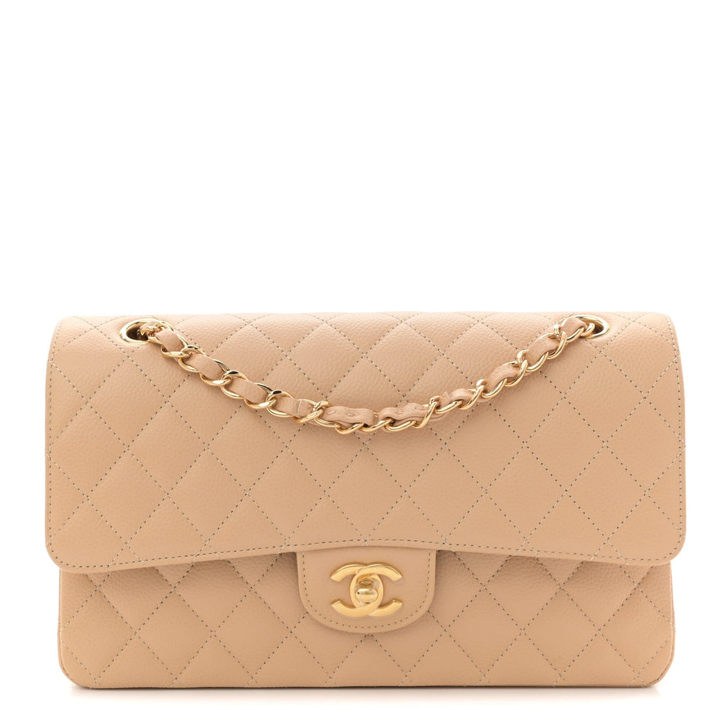 Caviar Quilted Medium Double Flap Beige