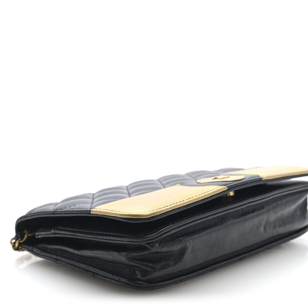 Lambskin Quilted Wallet On Chain WOC Black Gold