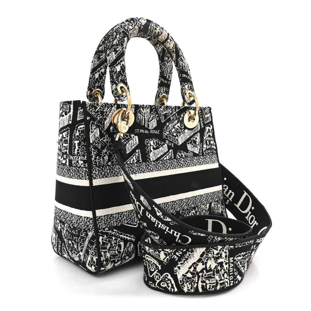 Canvas Embroidered Medium Plan de Paris Lady D-Lite Black White