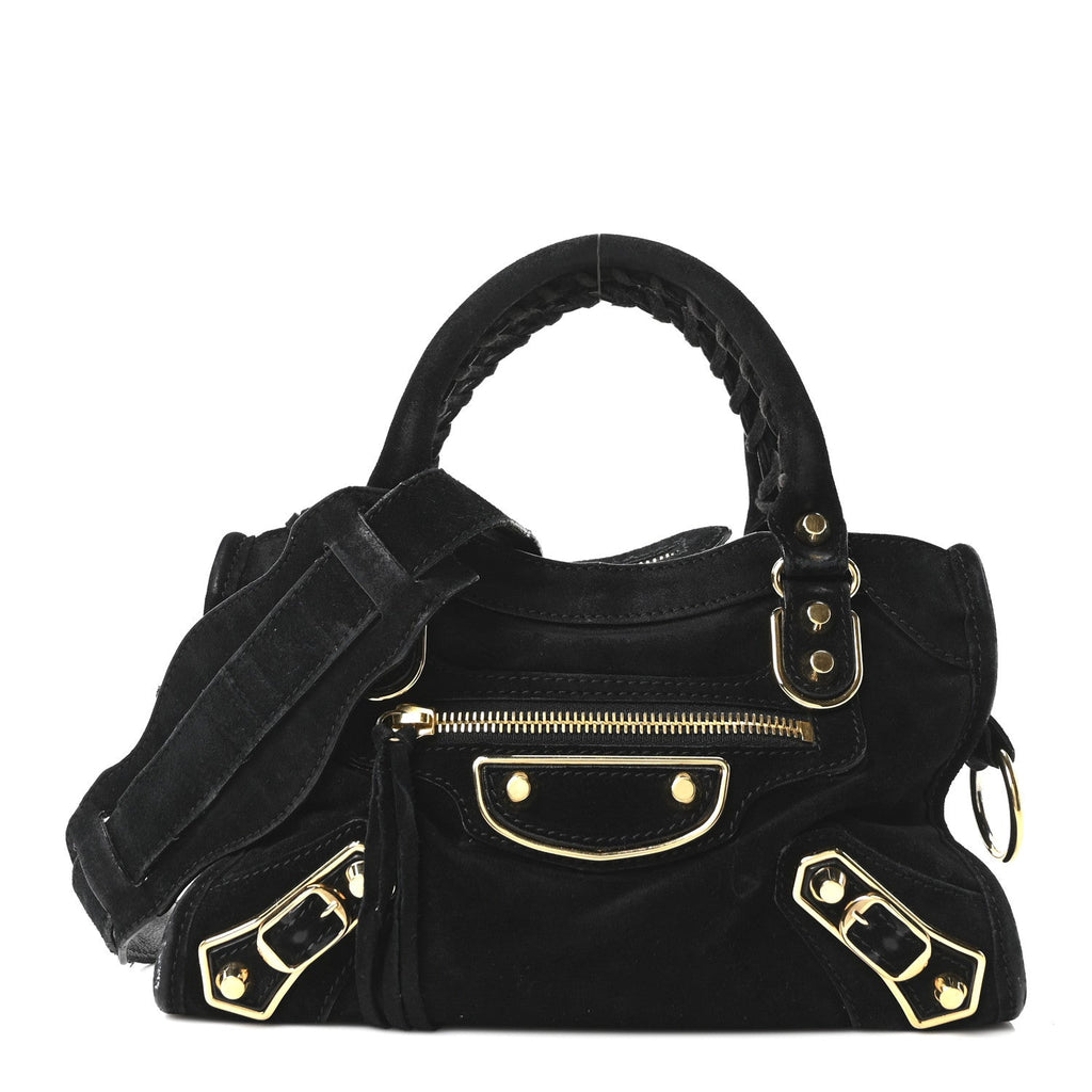 Baby Daim Suede Gold Metallic Edge Hardware Mini City Black