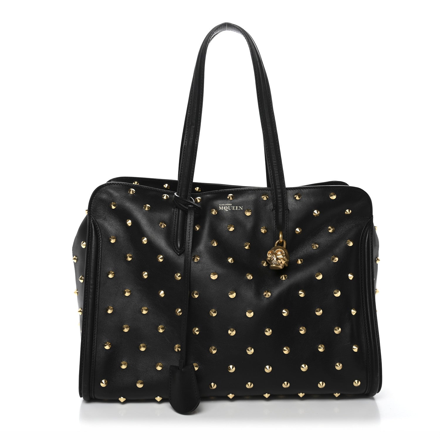 Calfskin Large Studded Padlock Zip Around Tote Black