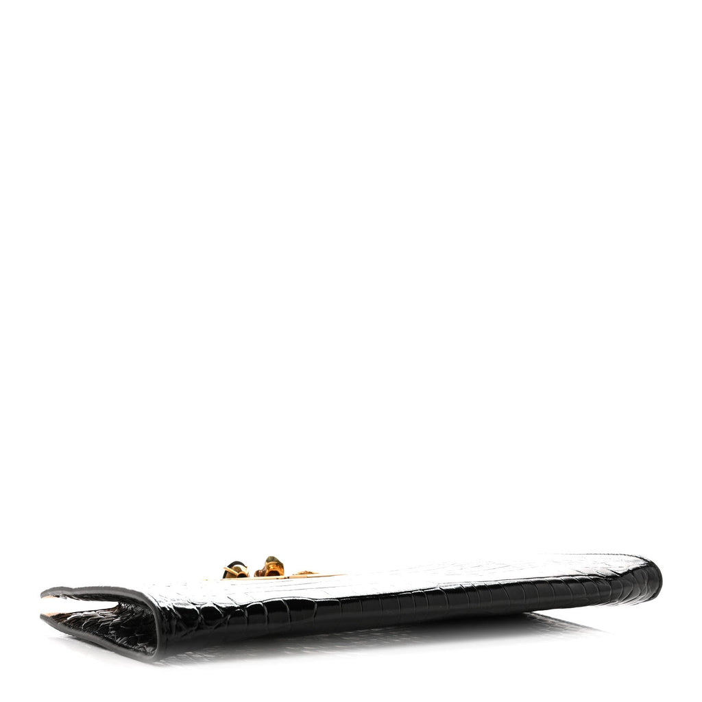 Calfskin Crocodile Embossed Knuckle Flat Clutch Black Gold