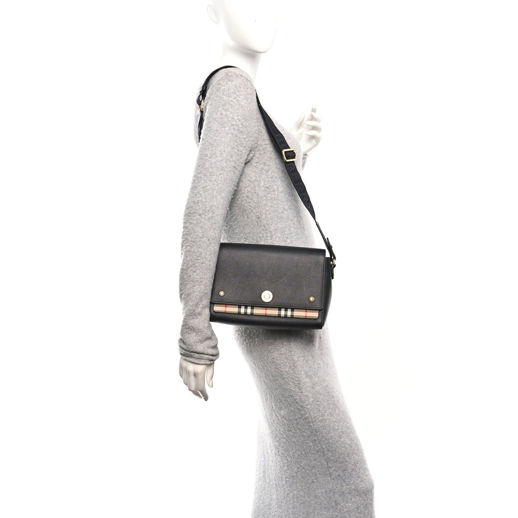 Coated Canvas Calfskin Vintage Check Medium Note Crossbody Bag Black