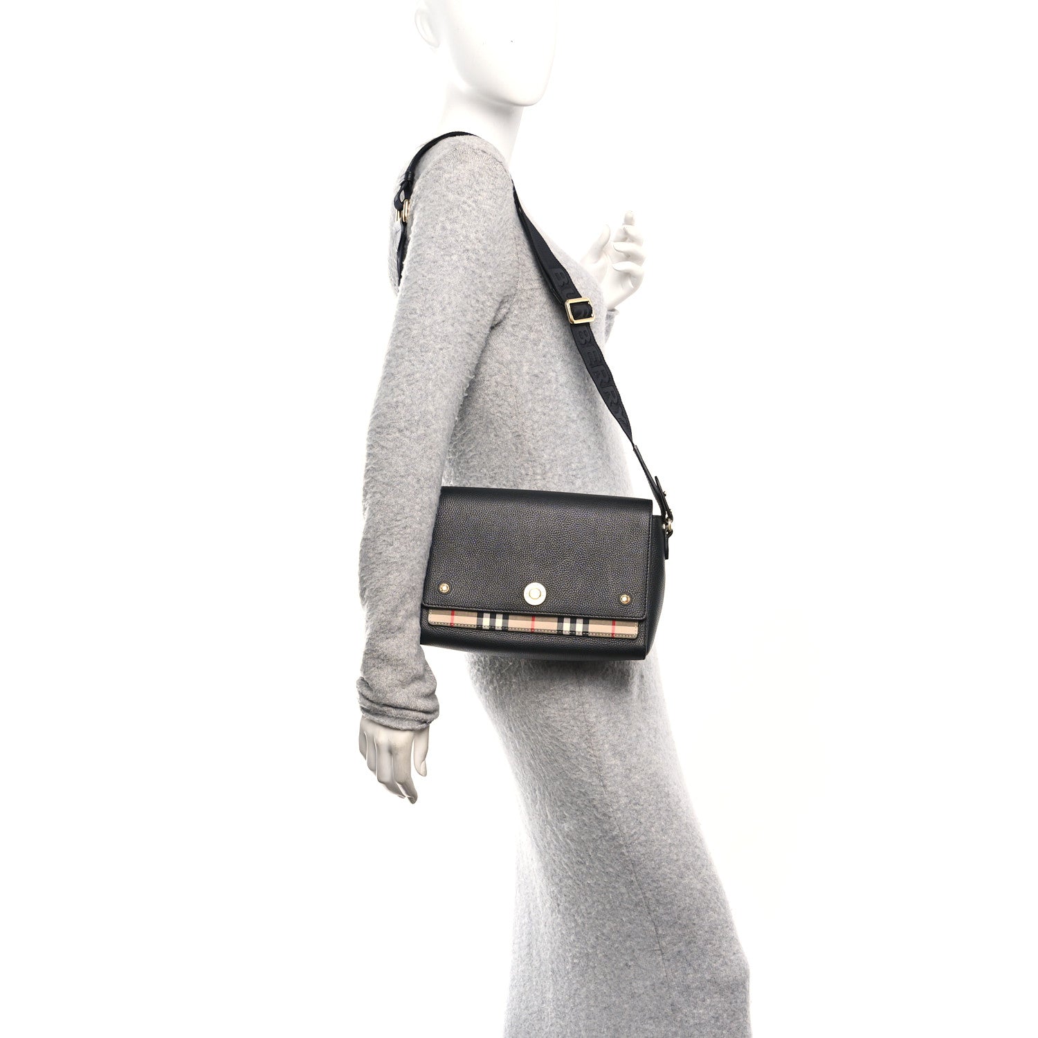 Coated Canvas Calfskin Vintage Check Medium Note Crossbody Bag Black