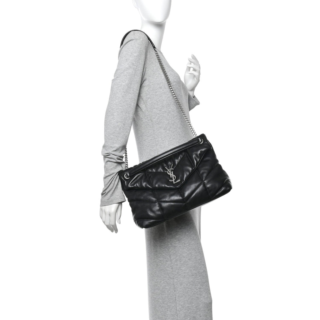 Lambskin Quilted Medium Loulou Puffer Monogram Chain Satchel Black