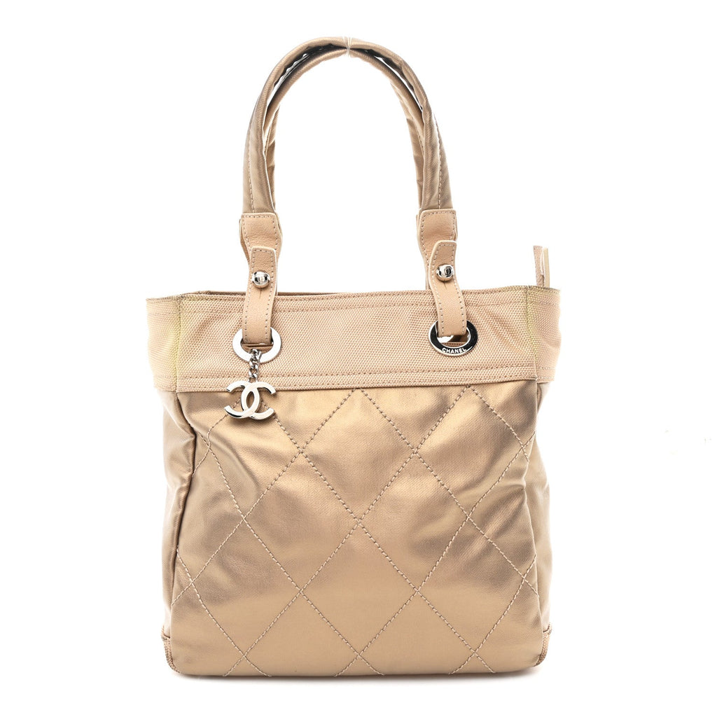 Metallic Coated Canvas Quilted Small Paris Biarritz Tote Gold