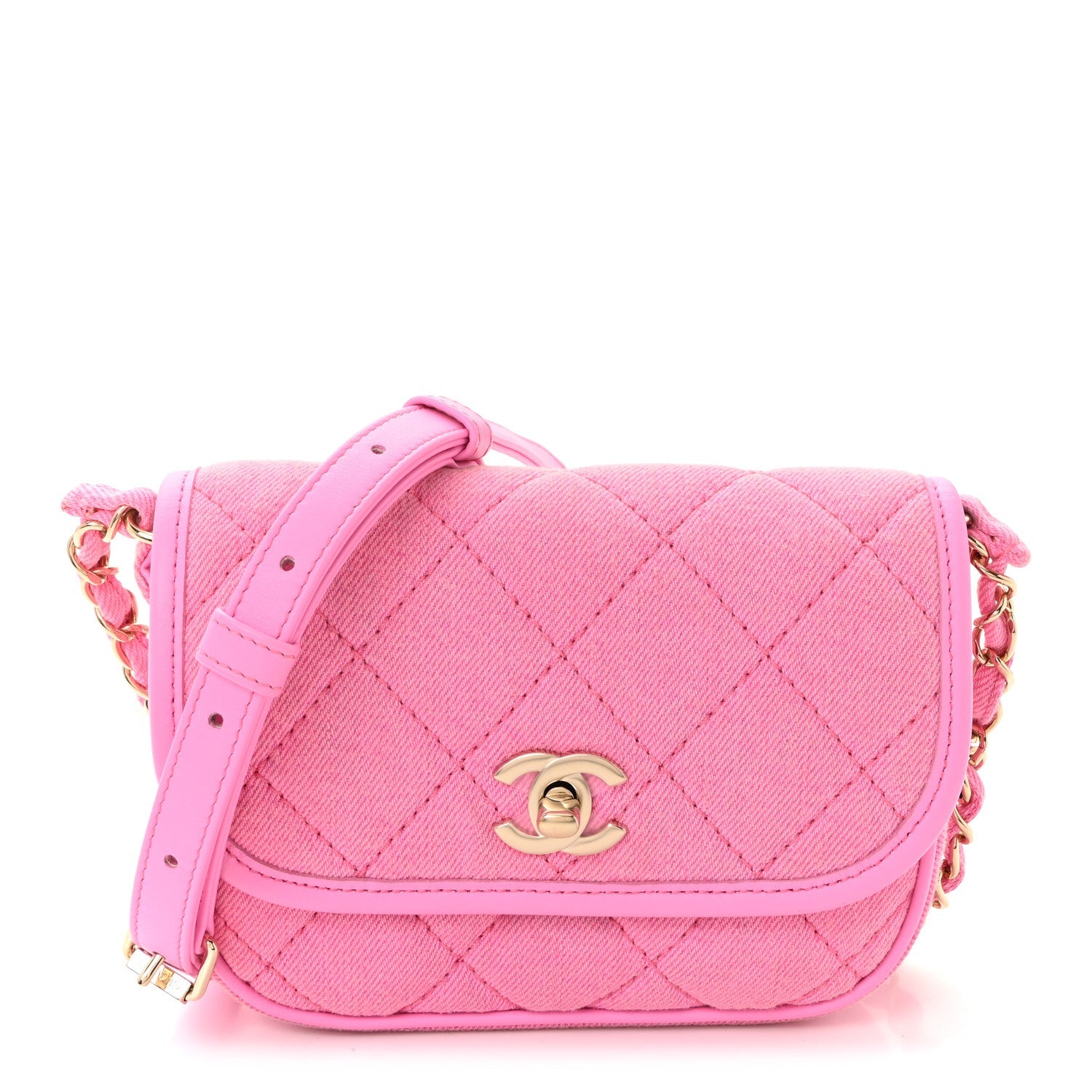 Denim Quilted Mini Messenger Flap Neon Pink