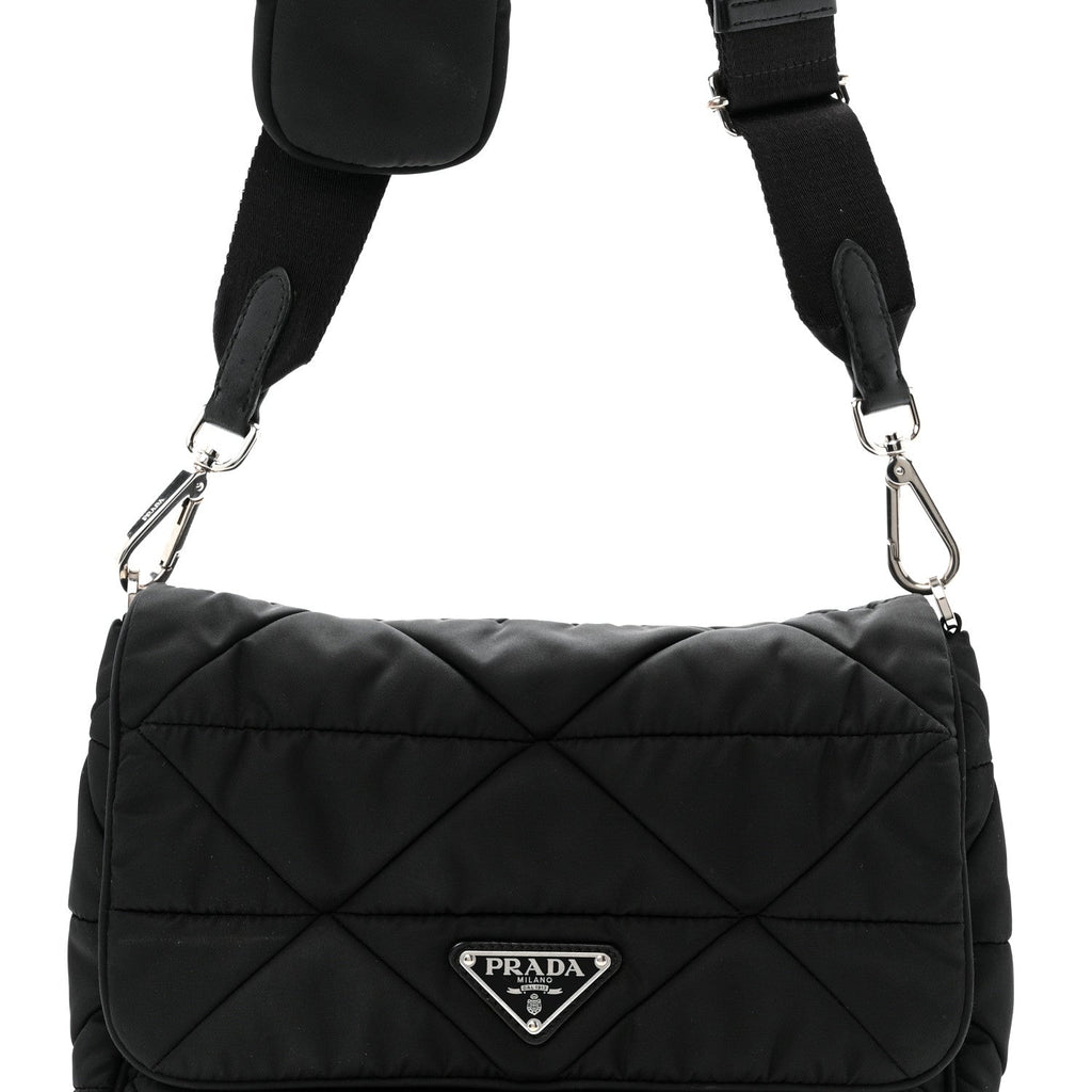 Re-Nylon Quilted Padded Flap Shoulder Bag Black