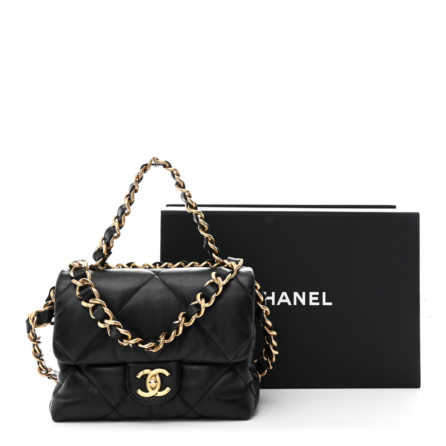 Lambskin Quilted Small Chain Top Handle Flap Black