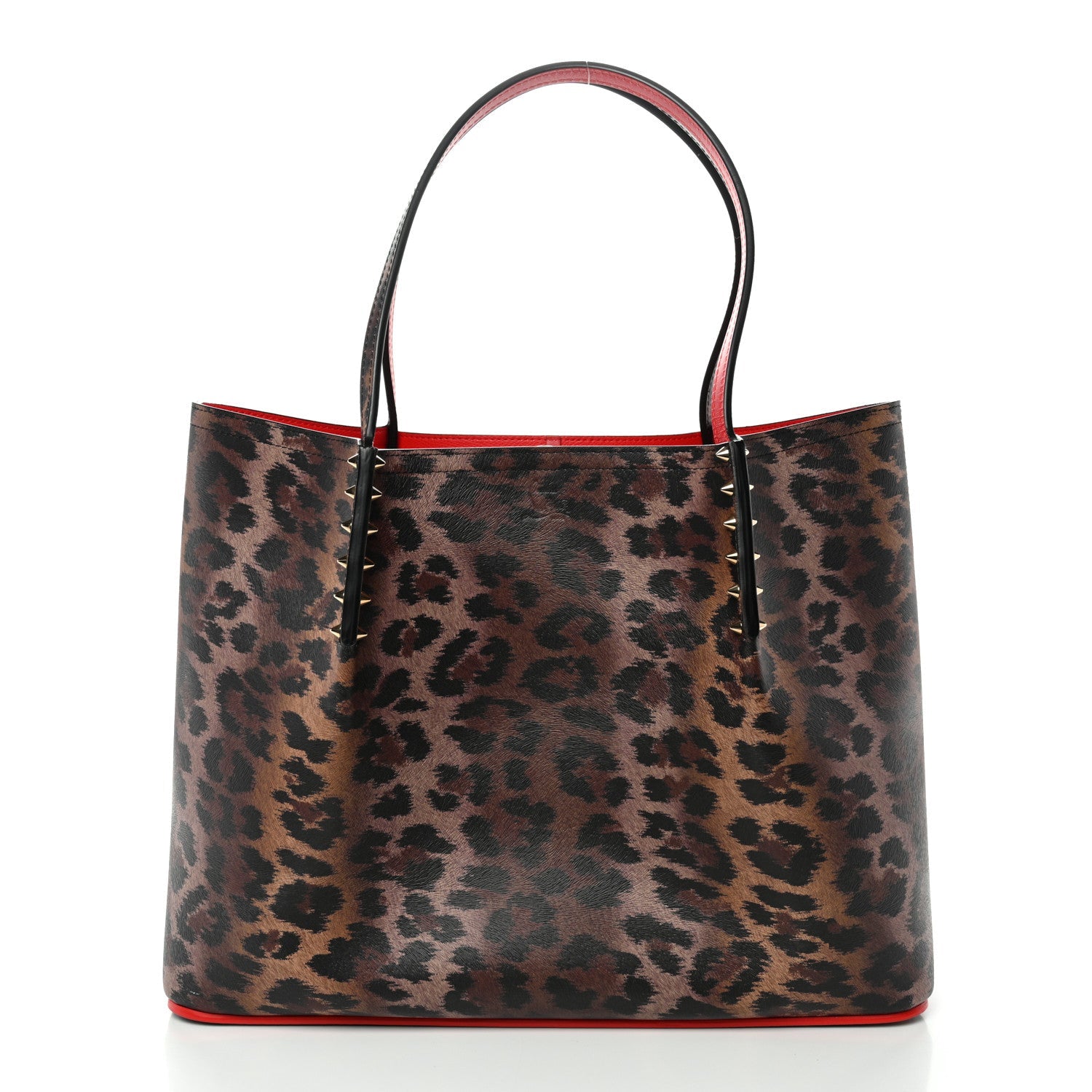 Calfskin Leopard Print Spikes East West Cabata Tote Brown