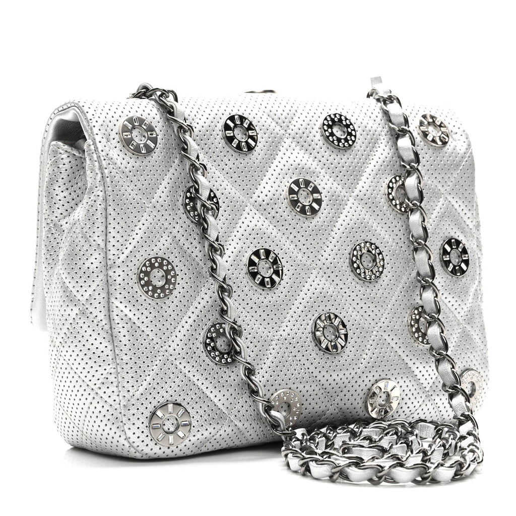 Perforated Metallic Lambskin Small CC Medals Flap Silver