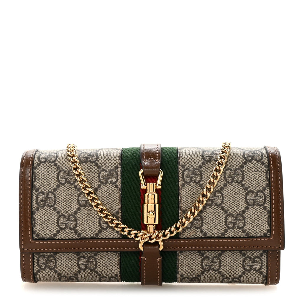 GG Supreme Monogram Azalea Calfskin Web Jackie 1961 Chain Wallet Beige Ebony Brown Sugar