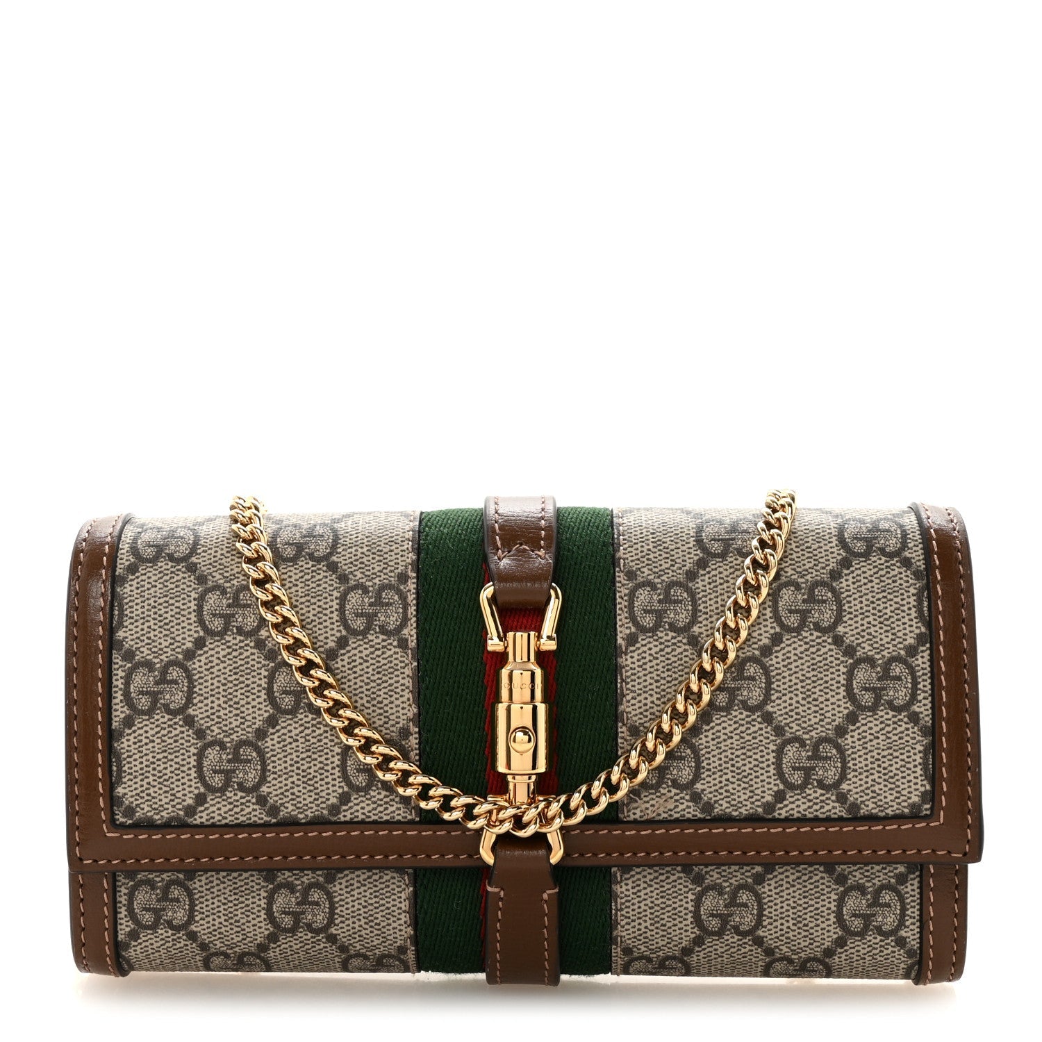 GG Supreme Monogram Azalea Calfskin Web Jackie 1961 Chain Wallet Beige Ebony Brown Sugar