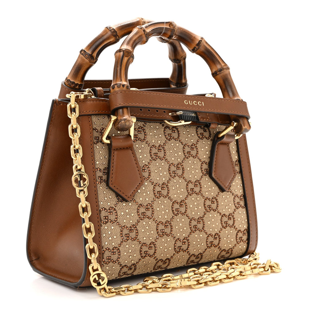 New Canvas Charisma Calfskin Crystal GG Monogram Mini Diana Tote Bag Camel Ebony