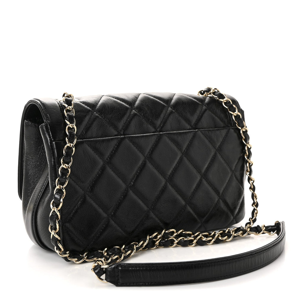 Crumpled Glazed Lambskin Quilted Small Flap Black