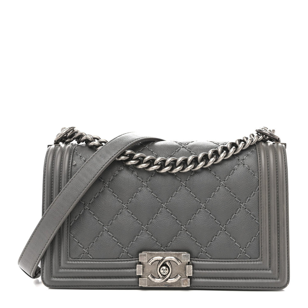 Calfskin Double Stitch Medium Boy Flap Grey