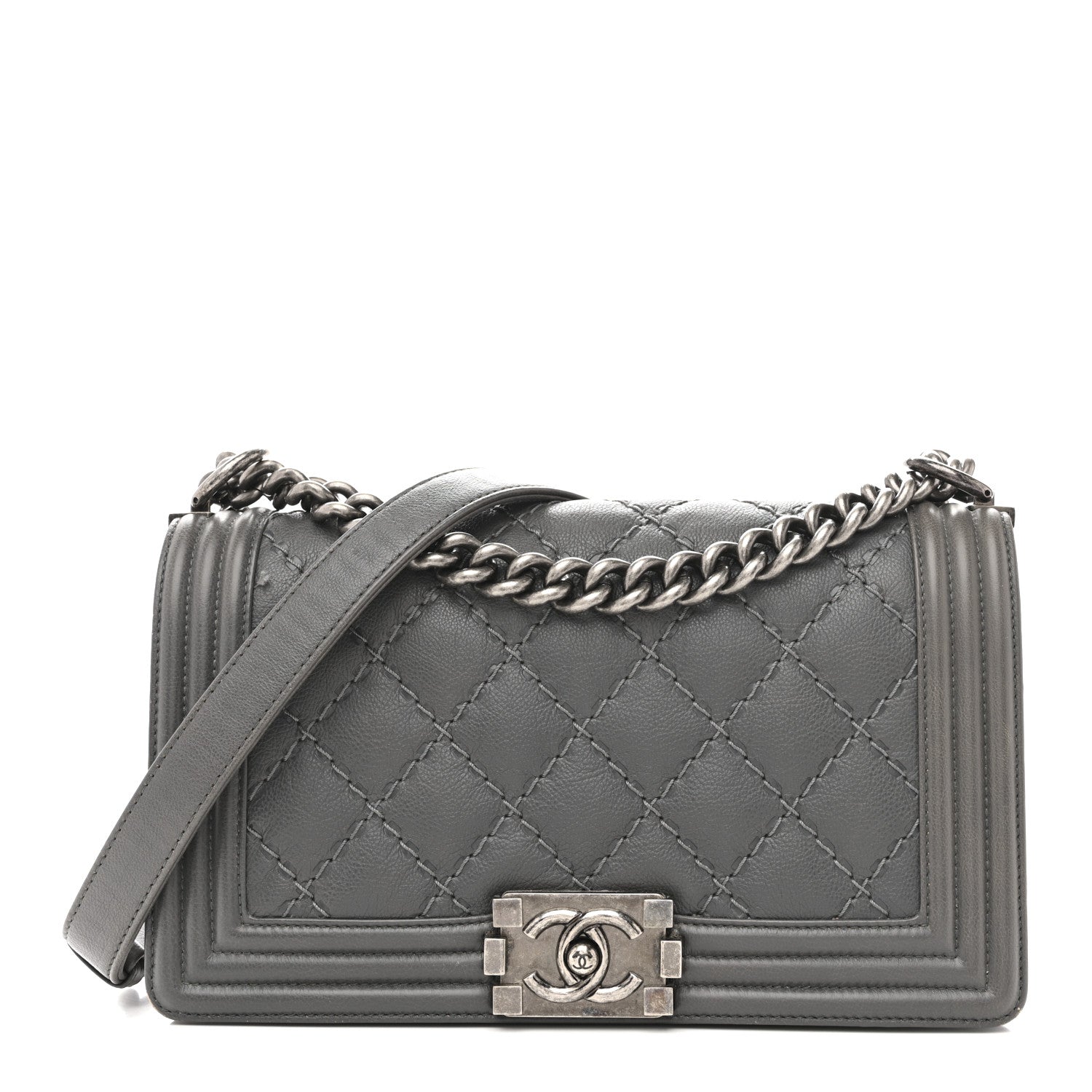 Calfskin Double Stitch Medium Boy Flap Grey