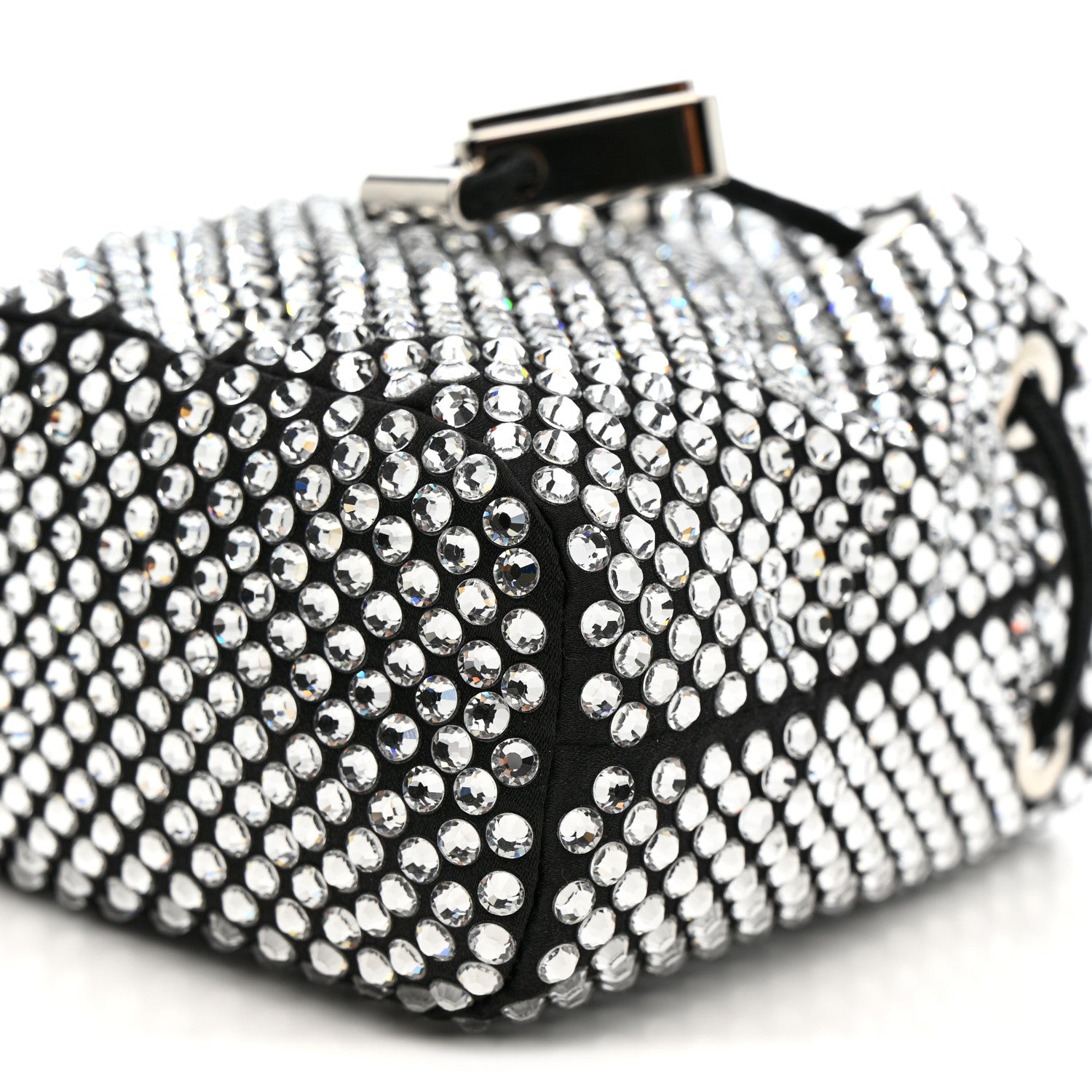 Satin Crystal Metal Triangle Logo Mini Drawcord Pouch Shoulder Bag Crystal