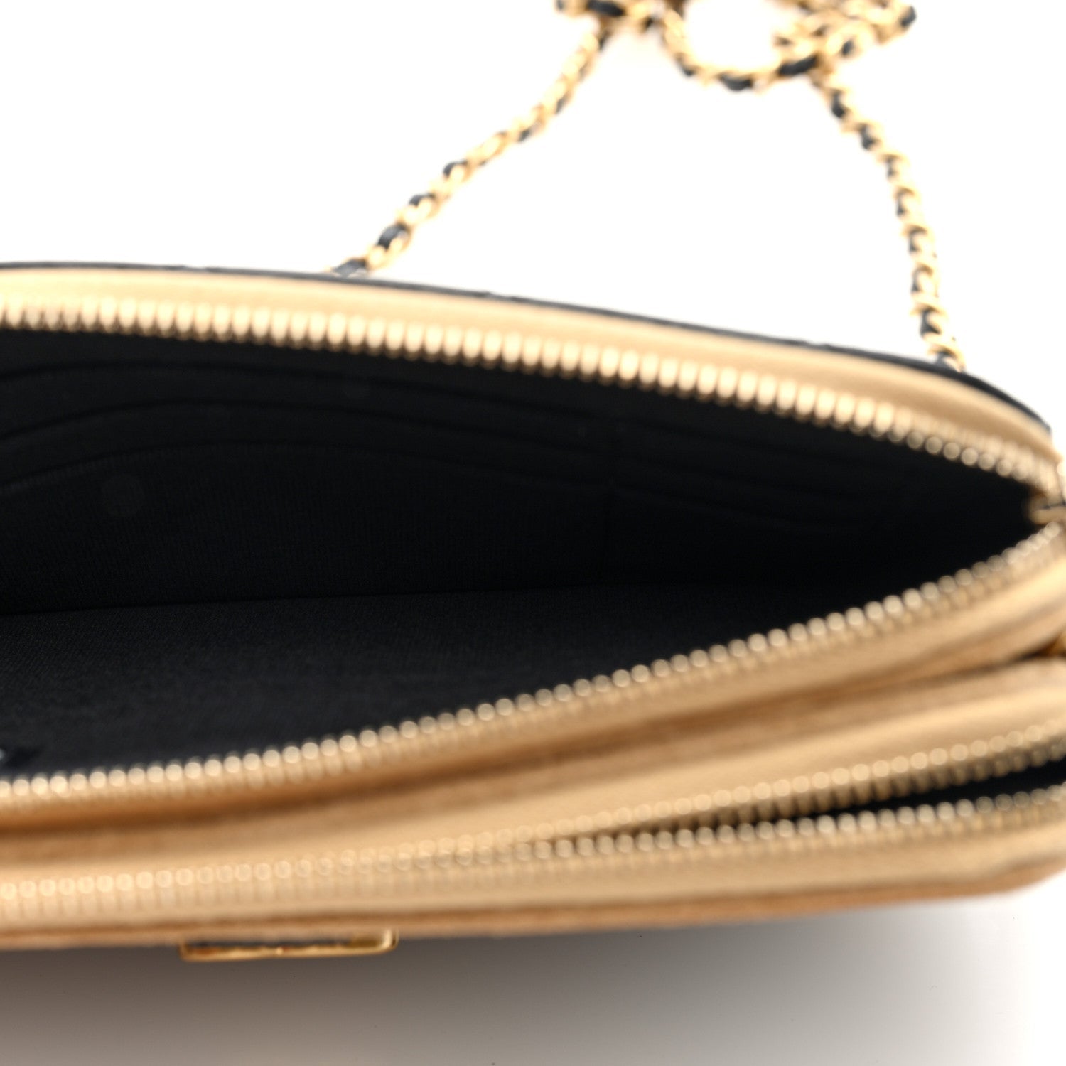 Suede Shiny Lambskin Quilted Phone Holder With Chain Black Beige