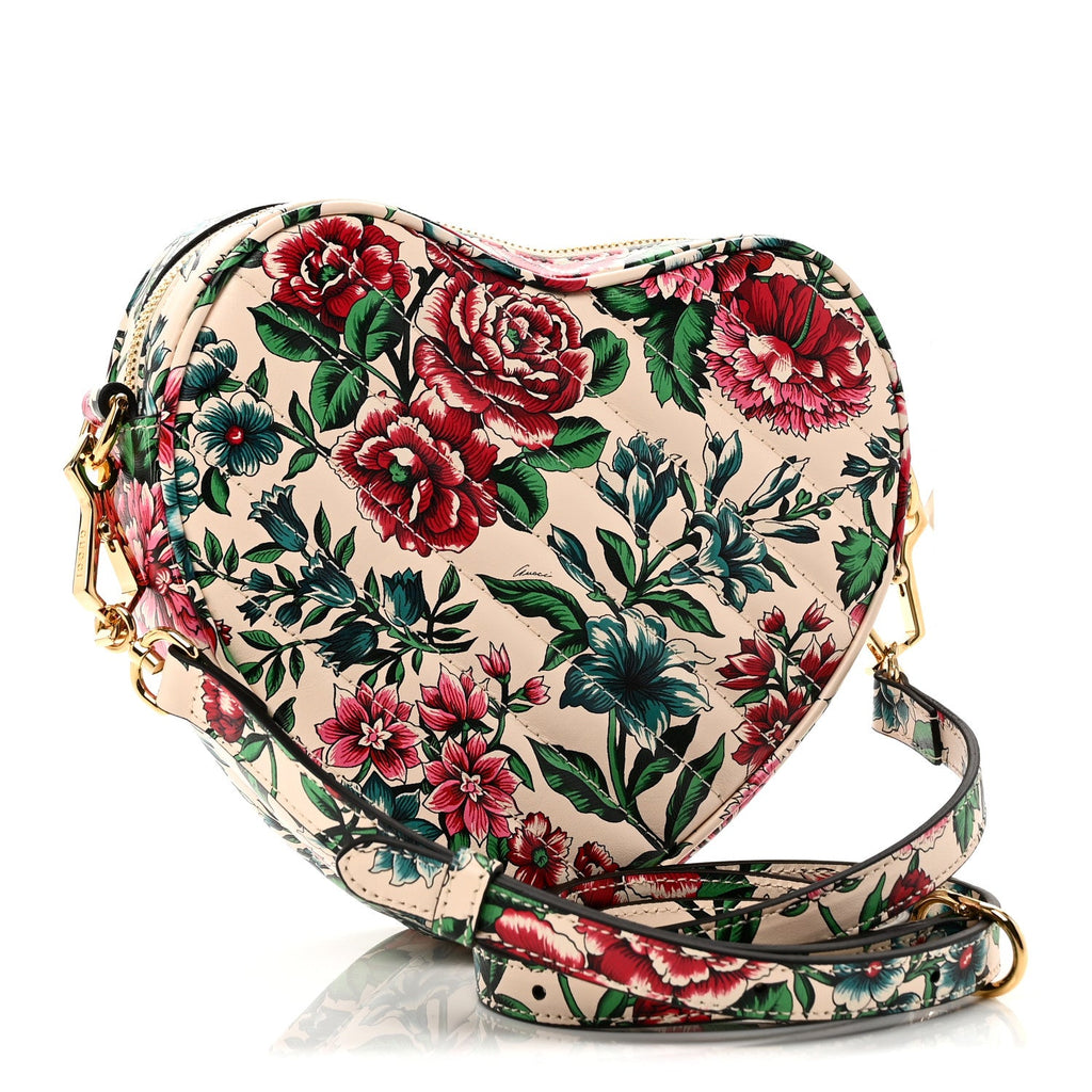 Calfskin Matelasse Diagonal Brit Roses Print Mini Interlocking G Heart Shoulder Bag  White Multicolor