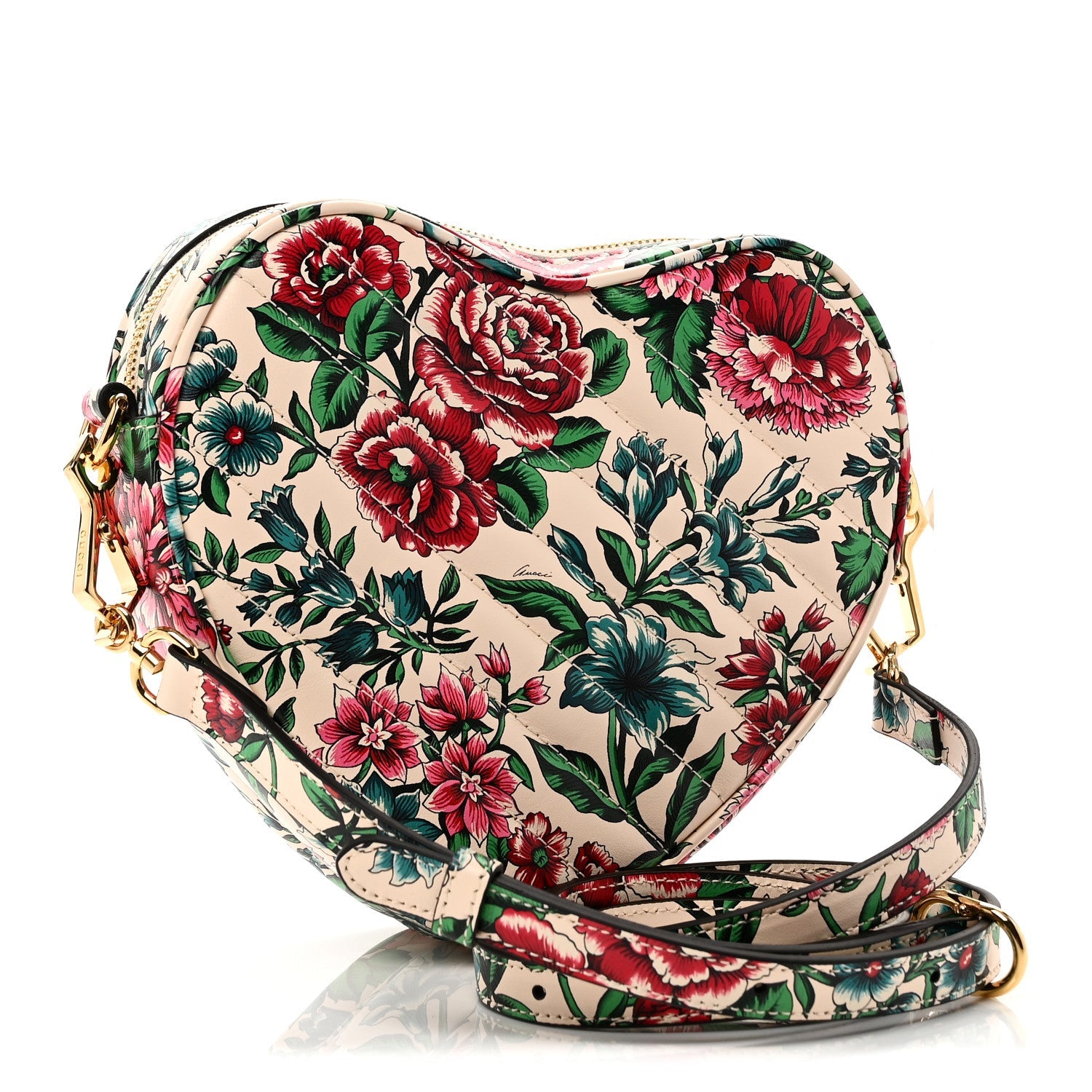 Calfskin Matelasse Diagonal Brit Roses Print Mini Interlocking G Heart Shoulder Bag  White Multicolor